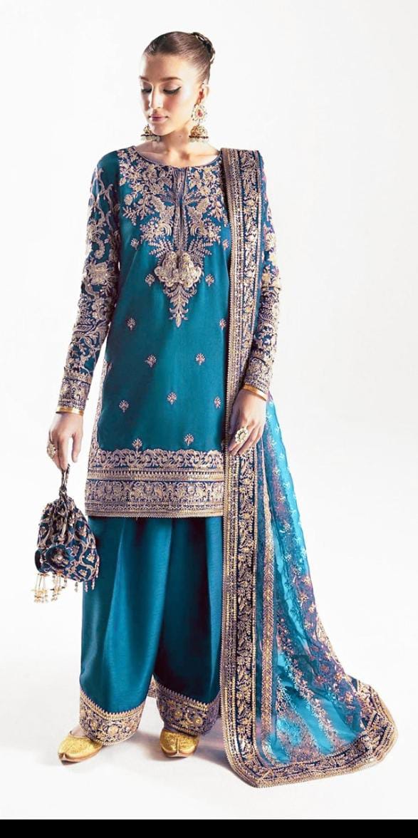 Teal | 3 Piece Embroidered Raw Silk Suit